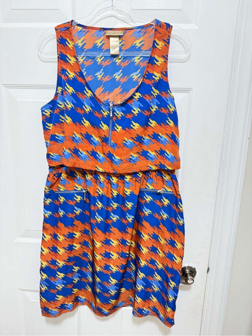MISS TINA Vibrant Orange & Royal Blue Sleeveless Houndstooth Dress
